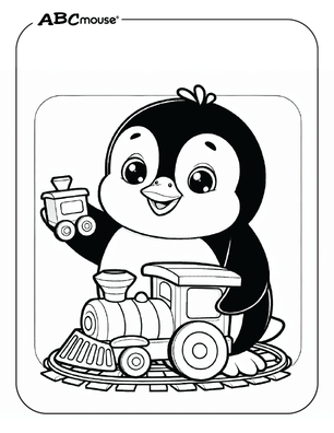 Free printable penguin with a train coloring page for kids from ABCmouse.com. 