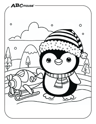 Free printable penguin with a toy airplane coloring page for kids from ABCmouse.com. 