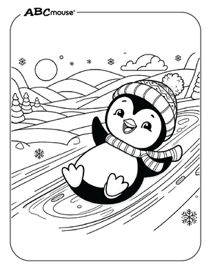 Free printable penguin sliding down a hill coloring page for kids from ABCmouse.com. 