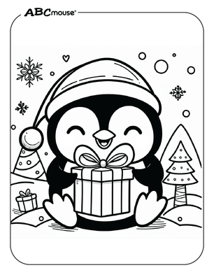 Free printable penguin with a present coloring page for kids from ABCmouse.com. 