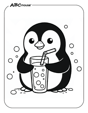 Free printable penguin with a drink coloring page for kids from ABCmouse.com. 