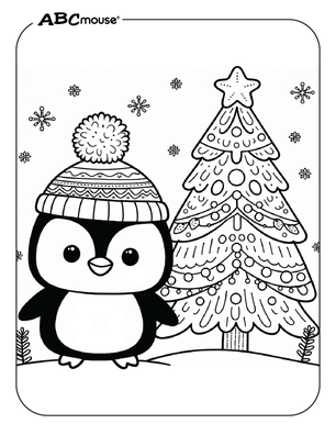 Free printable penguin by a tree coloring page for kids from ABCmouse.com. 