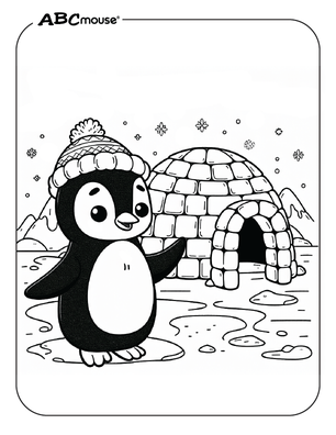 Free printable penguin by an igloo coloring page for kids from ABCmouse.com. 