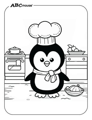 Free printable penguin baking coloring page for kids from ABCmouse.com. 