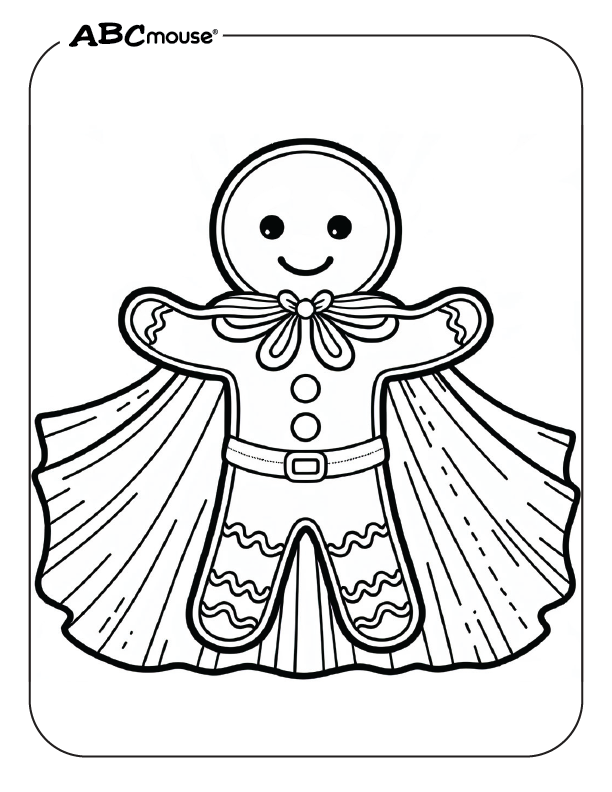 Free printable gingerbread man with a cape coloring page from ABCmouse.com. 