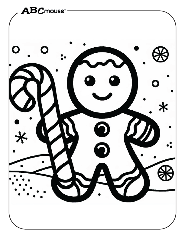 Free printable gingerbread man holding a candy cane coloring page from ABCmouse.com. 