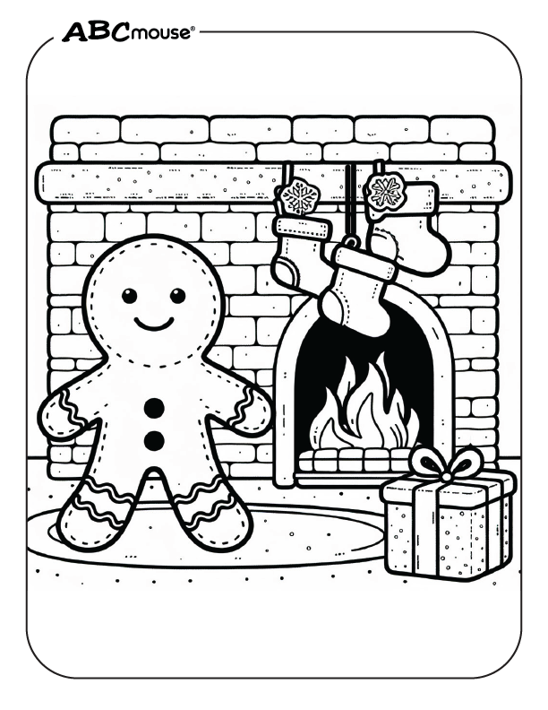 Free printable gingerbread man next to a fireplace coloring page from ABCmouse.com. 