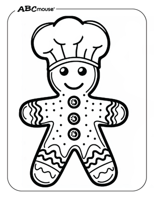 Free printable gingerbread man with a bakers hat coloring page from ABCmouse.com. 