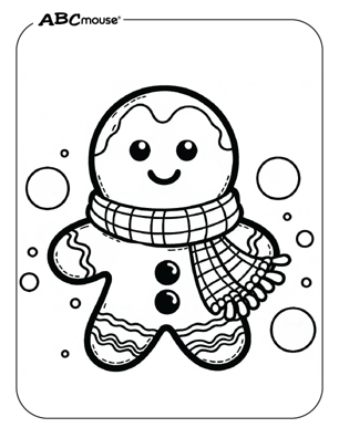 Free printable gingerbread man wearing a scarf coloring page from ABCmouse.com. 