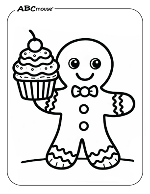 Free printable gingerbread man holding a cupcake coloring page from ABCmouse.com. 