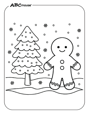 Free printable gingerbread man next to a tree coloring page from ABCmouse.com. 