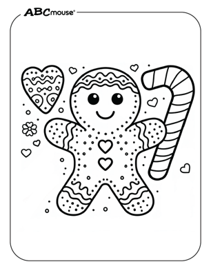 Free printable gingerbread man with candy cane and heart coloring page from ABCmouse.com. 