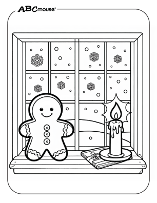 Free printable gingerbread man next to a candle coloring page from ABCmouse.com. 