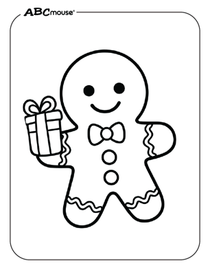 Free printable gingerbread man with a gift coloring page from ABCmouse.com. 