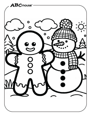 Free printable gingerbread man with a snowman coloring page from ABCmouse.com. 