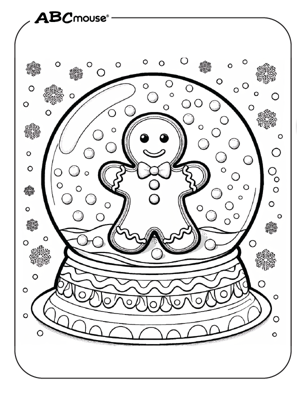 Free printable gingerbread man in a snow globe coloring page from ABCmouse.com. 