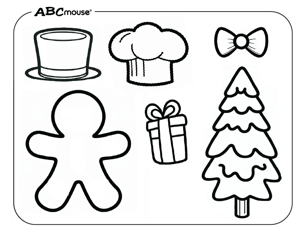 Free printable gingerbread man outline with prompts coloring page from ABCmouse.com. 