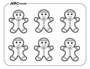 Free printable sheet of 6 gingerbread men coloring page from ABCmouse.com. 