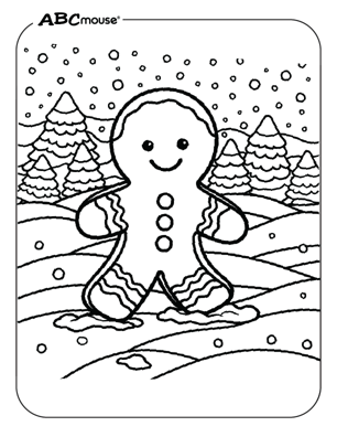 Free printable gingerbread man in the snow coloring page from ABCmouse.com. 