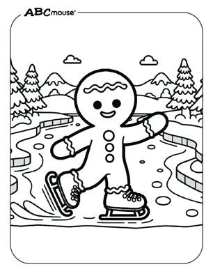 Free printable gingerbread man ice skating coloring page from ABCmouse.com. 