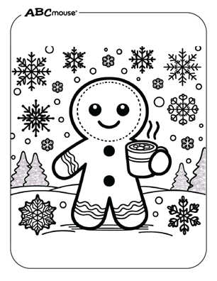 Free printable gingerbread man with hot cocoa coloring page from ABCmouse.com. 