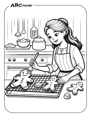 Free printable woman baking gingerbread man coloring page from ABCmouse.com. 