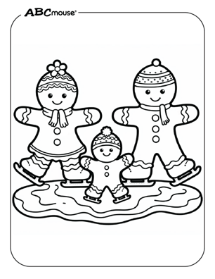 Free printable gingerbread man family ice-skating coloring page from ABCmouse.com. 