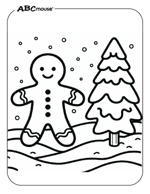 Free printable gingerbread man next to a tree coloring page from ABCmouse.com. 