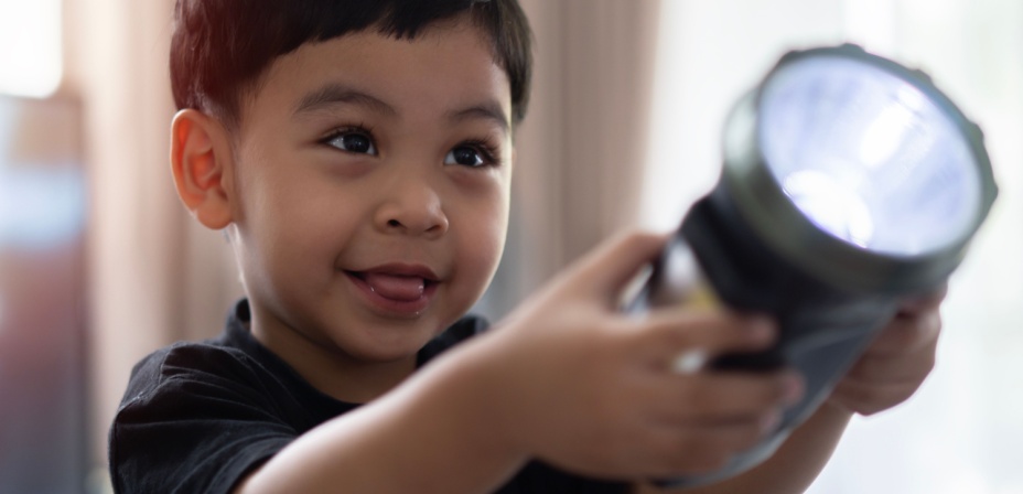 Young boy holding a flashlight out. 