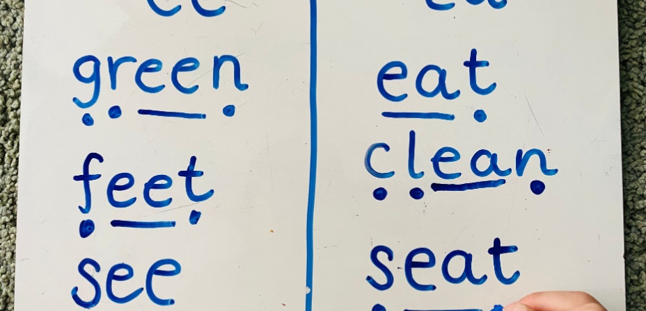 Vowel team words written in blue on a whiteboard. 