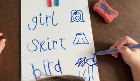 A white board with words written on it, girl, skirt, bird. 