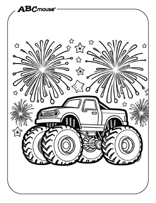 Free printable monster truck with fireworks coloring page from ABCmouse.com. 