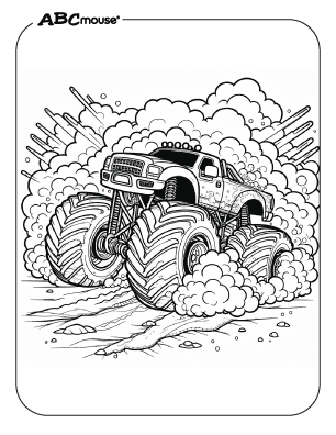 Free printable monster truck driving away from explosion coloring page from ABCmouse.com. 