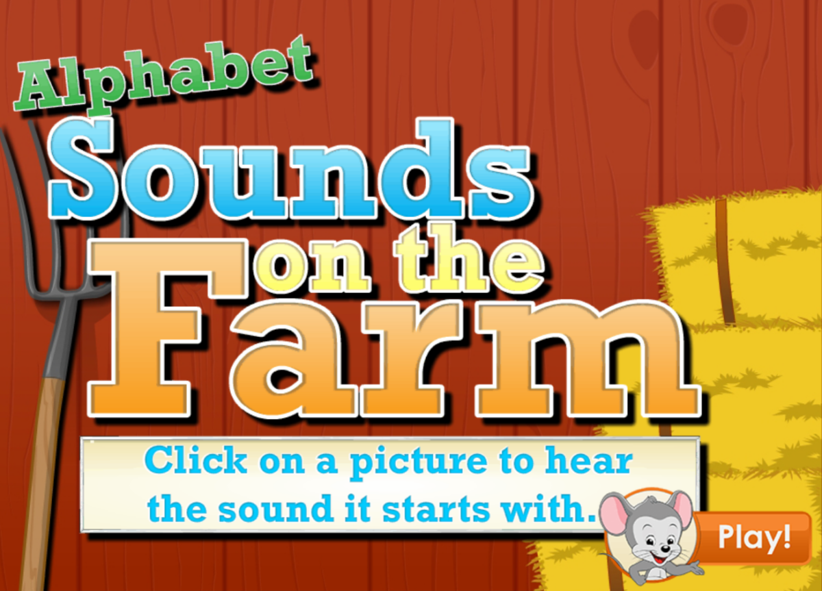 Screenshot of an ABCmouse game titled 'Alphabet Sounds on the Farm,' featuring farm-themed graphics and interactive activities to help children learn letter sounds.