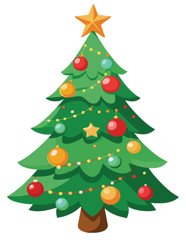 An illustration of a Christmas tree with brightly colored lights decorating it. 