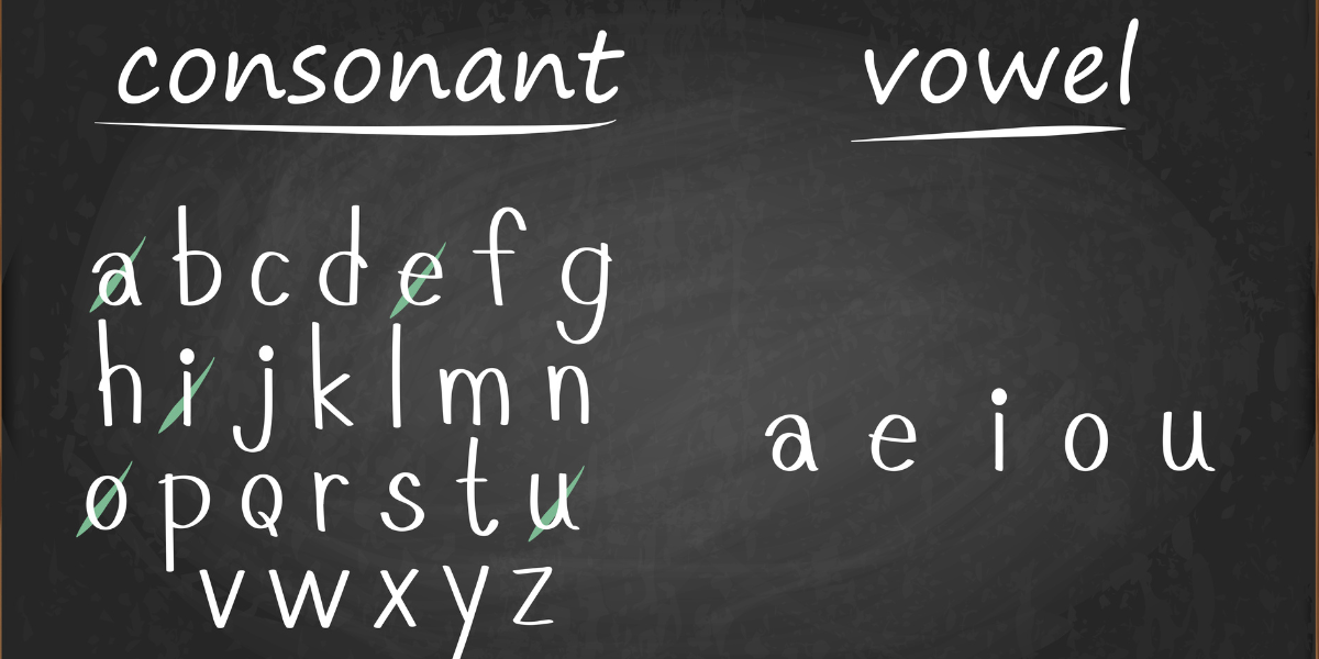 A black chalkboard with consonants listed on the left side and vowels on the right side, separated into two distinct groups.