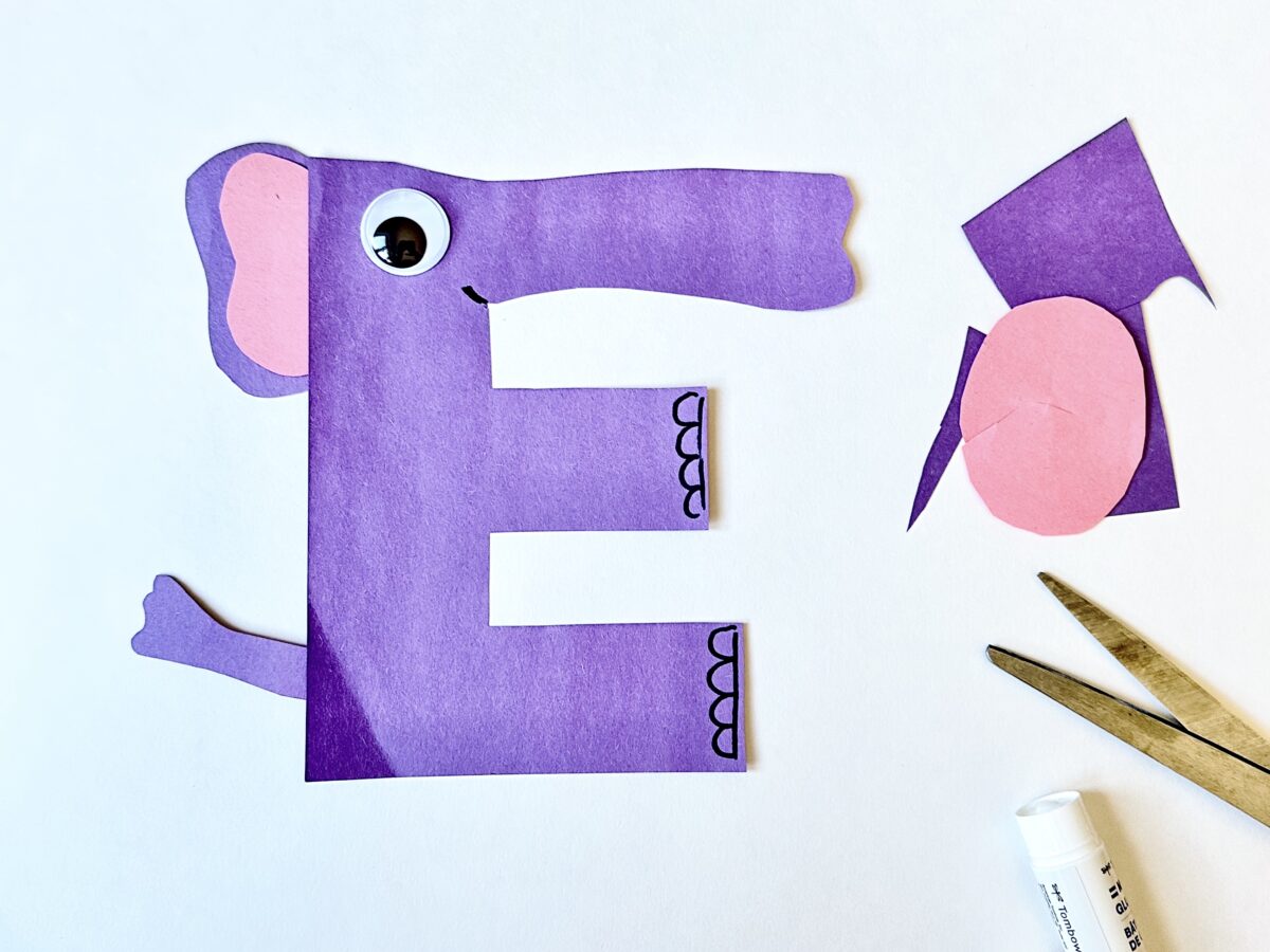 E is for elephant a purple letter E elephant made from construction paper, craft from ABCmouse.com. 