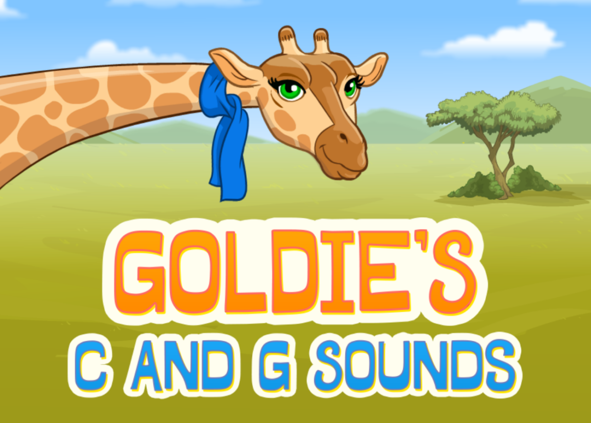 Screenshot of an ABCmouse game titled 'Goldie’s C and G Sounds,' featuring a character named Goldie and interactive activities to help children learn the different sounds of the letters 'C' and 'G.