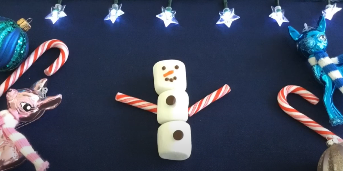 A fun cute marshmallow snowman with candy cane arms. 