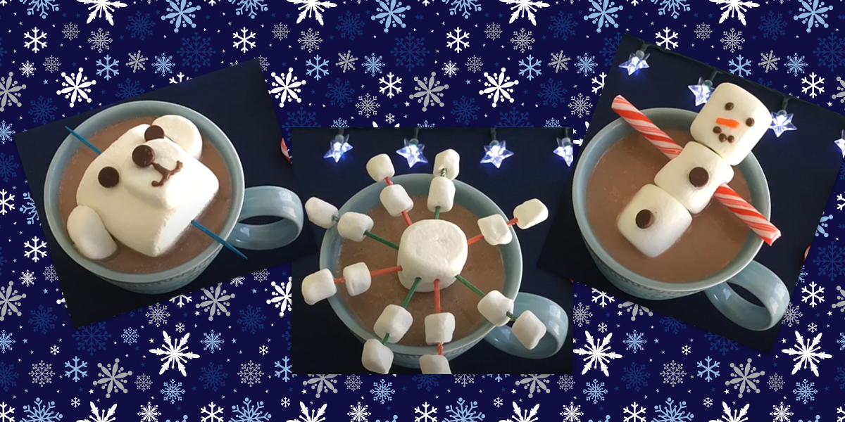 Three marshmallow creations floating in mugs of hot cocoa. 