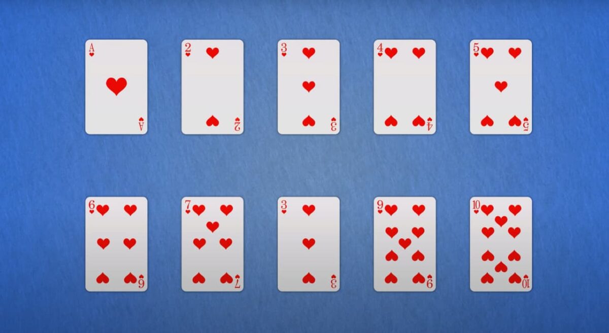 Two rows of heart playing cards face up on a blue background counting from ace to 10. 