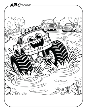 Free printable monster truck splashing through mud coloring page from ABCmouse.com. 