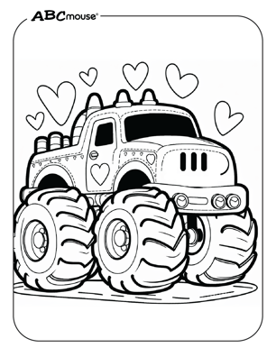 Free printable monster truck with hearts coloring page from ABCmouse.com. 