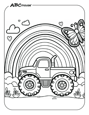 Free printable monster truck with rainbow coloring page from ABCmouse.com. 