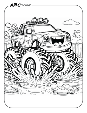 Free printable monster truck splashing through the mud coloring page from ABCmouse.com. 