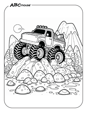 Free printable monster truck climbing the rocks coloring page from ABCmouse.com. 