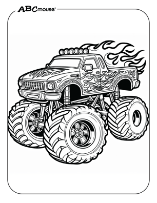 Free printable monster truck with flames coloring page from ABCmouse.com. 