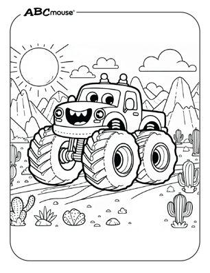 Free printable monster truck in the desert coloring page from ABCmouse.com. 