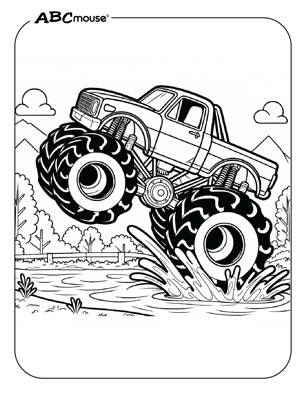 Free printable monster truck popping a wheelie coloring page from ABCmouse.com. 