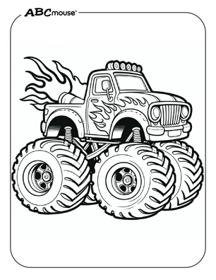 Free printable monster truck with flames coloring page from ABCmouse.com. 